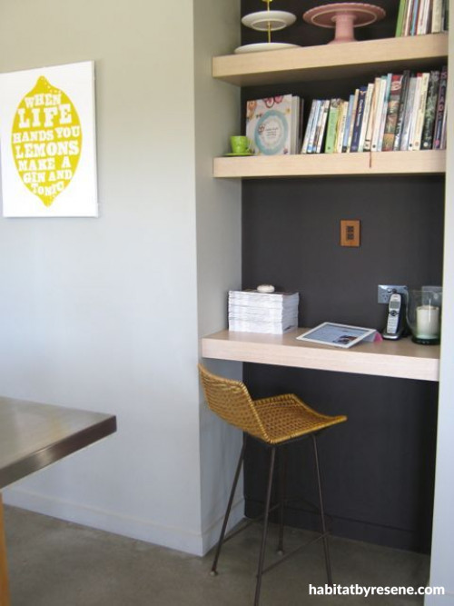 black and white, study, nook, recipe book shelf, paint