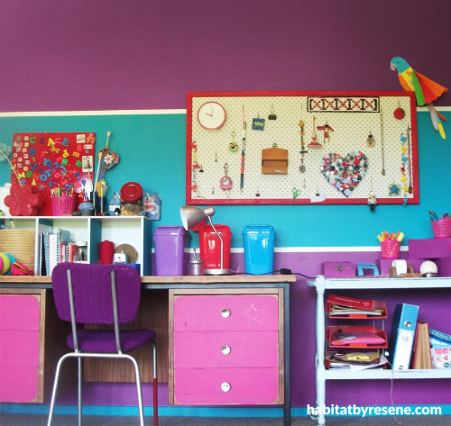 kids bedroom, children's bedroom, bright paint, interior, purple bedroom 
