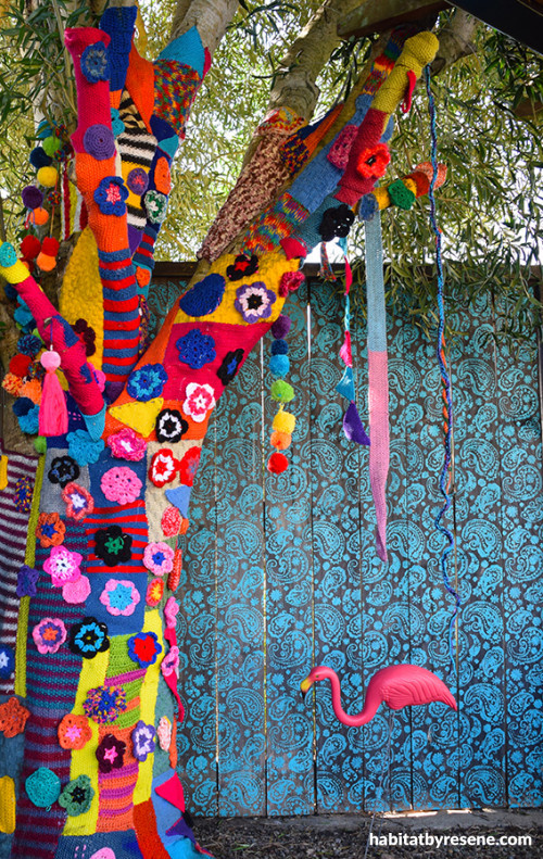paisley stencil, blue fence, resene hullabaloo, knitted tree, painted fence