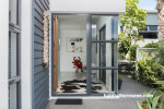 entranceway, beach house, blue exterior, blue paint, front doorway