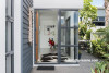 entranceway, beach house, blue exterior, blue paint, front doorway