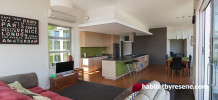 white, green, kitchen, white kitchen, wood kitchen, green splashback, living room
