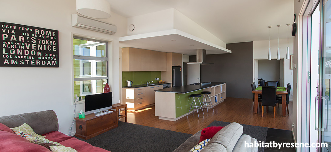 white, green, kitchen, white kitchen, wood kitchen, green splashback, living room