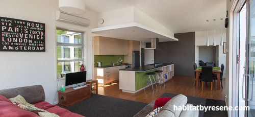 white, green, kitchen, white kitchen, wood kitchen, green splashback, living room