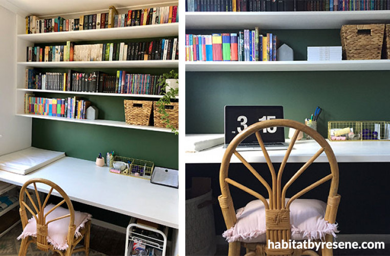 home office, study, green office, green study, green feature wall, resene palm leaf