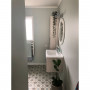 ensuite, bathroom, green ensuite, green bathroom, patterned tiled floors resene robin egg blue