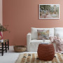 Living room, lounge, peach feature wall, pink living room, pink lounge, pink feature wall