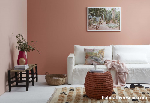 Living room, lounge, peach feature wall, pink living room, pink lounge, pink feature wall
