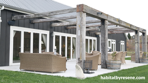 house exterior, barn style house, black house, black exterior, outdoor living area