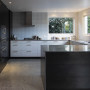 Kitchen, pink and black kitchen, kitchen benches, splash back, concrete flooring, Resene