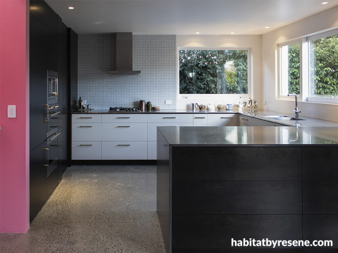 Kitchen, pink and black kitchen, kitchen benches, splash back, concrete flooring, Resene