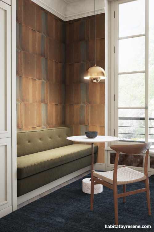 bench seat, earthy tones, wallpaper feature wall, born patterned wallpaper, brown feature wall