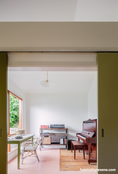 music room inspiration, music room ideas, music room design, green interior, white interior, resene