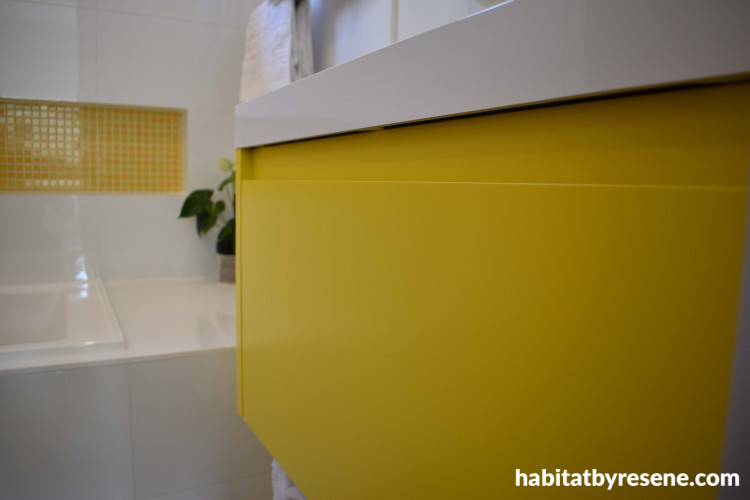 bathroom, yellow bathroom, yellow vanity, bathroom inspiration, bathroom ideas, resene turbo