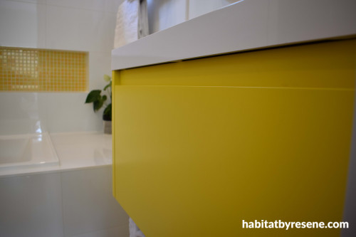 bathroom, yellow bathroom, yellow vanity, bathroom inspiration, bathroom ideas, resene turbo 