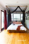 master bedroom, black mosquito net, black and white, white paint, interior, home decorating ideas 
