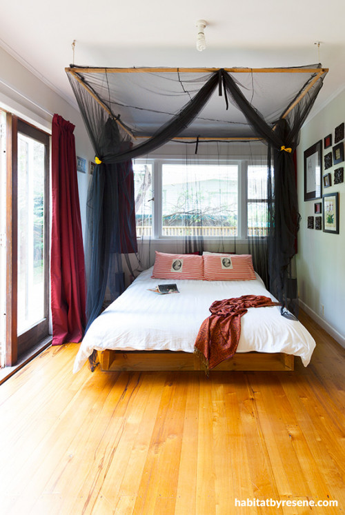 master bedroom, black mosquito net, black and white, white paint, interior, home decorating ideas