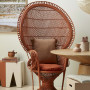 70s inspiration, rattan chair, orange chair, dining, living, resene spanish white, peacock chair