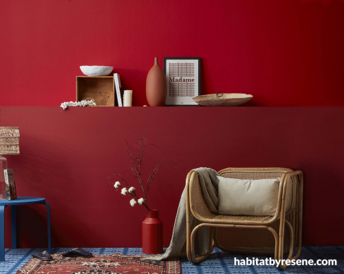 feature wall, red feature wall, red sitting room, red tones, red living, resene poppy