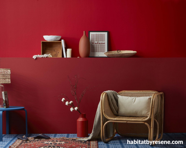 sitting room, reading room, living room, red room, red feature wall, red interior