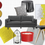 yellow paint, red paint, grey couch, red accessories, yellow accessories, grey paint