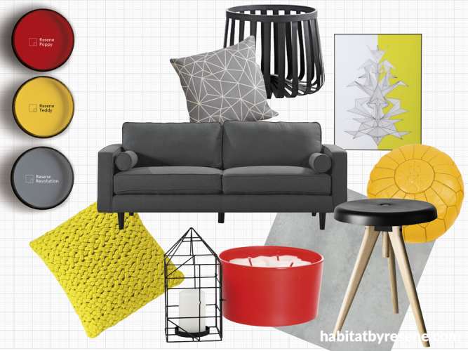 yellow paint, red paint, grey couch, red accessories, yellow accessories, grey paint
