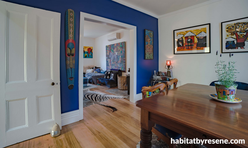 dining room, blue dining room, blue feature wall, white and blue interior, white dining room