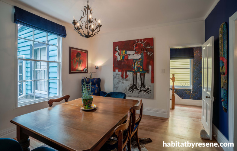 dining room, blue feature wall, blue dining room, white dining room, resene aviator