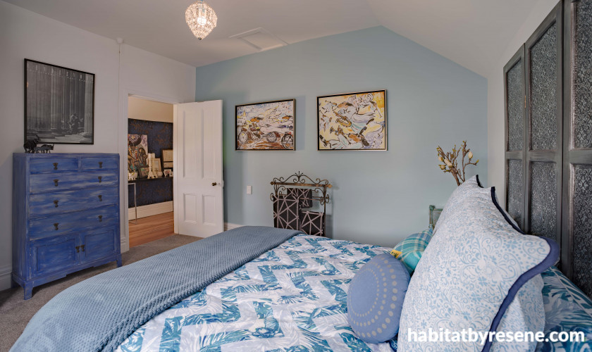 bedroom, blue bedroom, blue feature wall, pale blue bedroom, blue and white bedroom