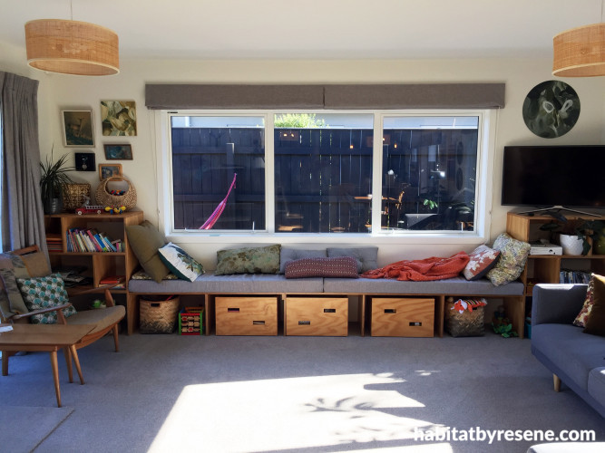 living room, lounge, white living room, white lounge, smart storage, kids storage, window seat