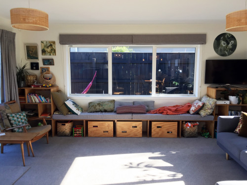 living room, lounge, white living room, white lounge, smart storage, kids storage, window seat