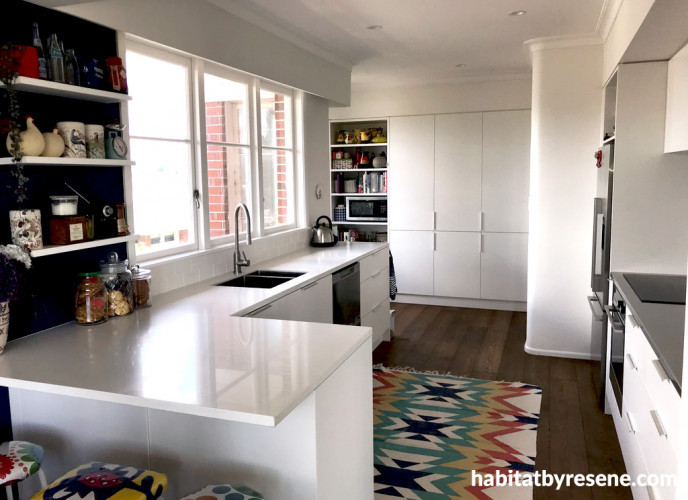 kitchen, white kitchen, modern kitchen, contemporary kitchen, white joinery, resene arctic white