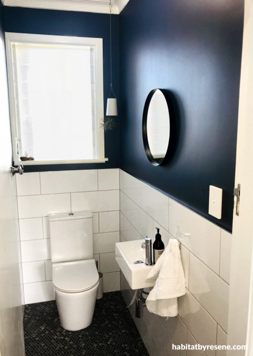 bathroom, blue bathroom, navy bathroom, navy and white, white bathroom tiles, navy feature