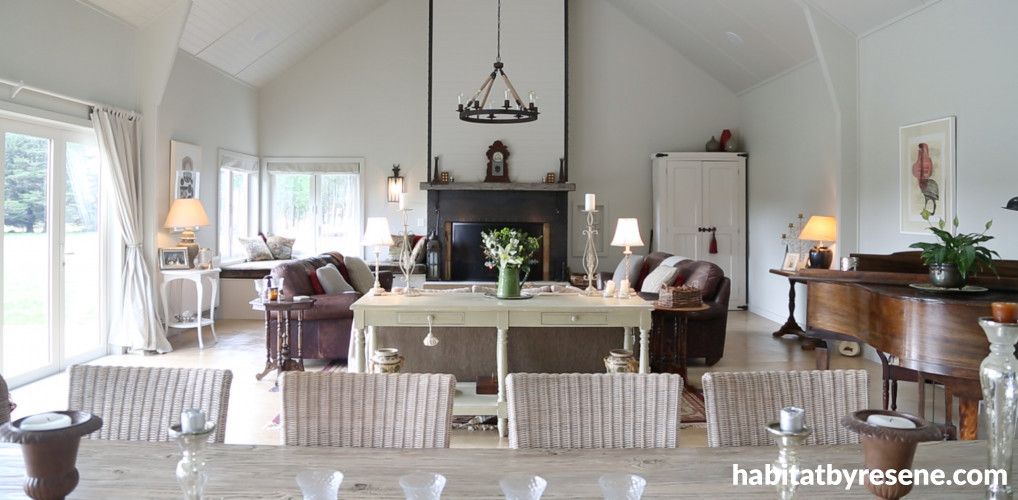 living room, dining room, lounge, neutrals, white living area, grand, barn style, elegant