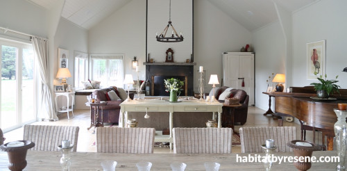 living room, dining room, lounge, neutrals, white living area, grand, barn style, elegant