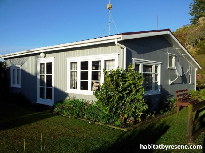 bach, holiday home, beach house, 1950s bach, grey house, grey exterior, house exterior