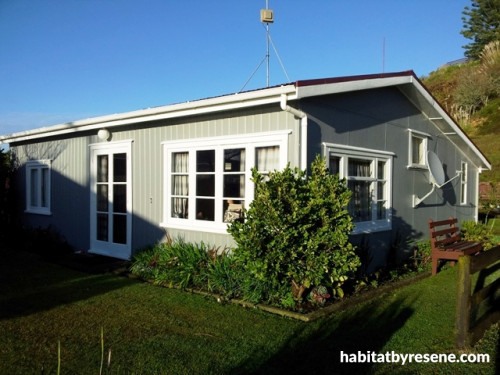 bach, holiday home, beach house, 1950s bach, grey house, grey exterior, house exterior