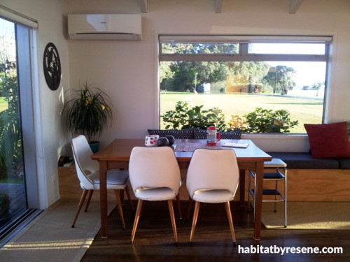 bach, holiday home, beach house, dining room, white dining room, neutrals, open plan living