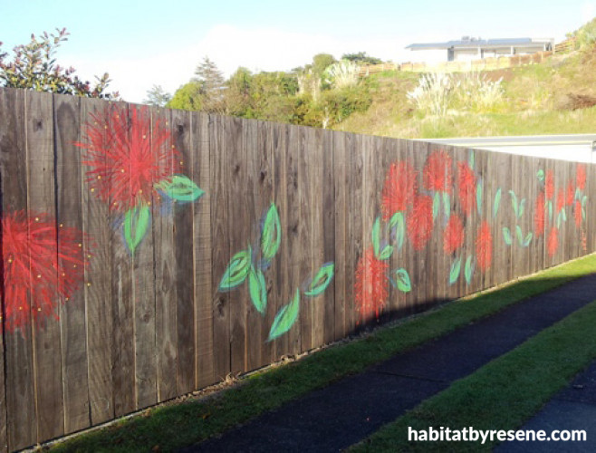 bach, holiday home, beach house, fence mural, driveway mural, pohutukawa mural