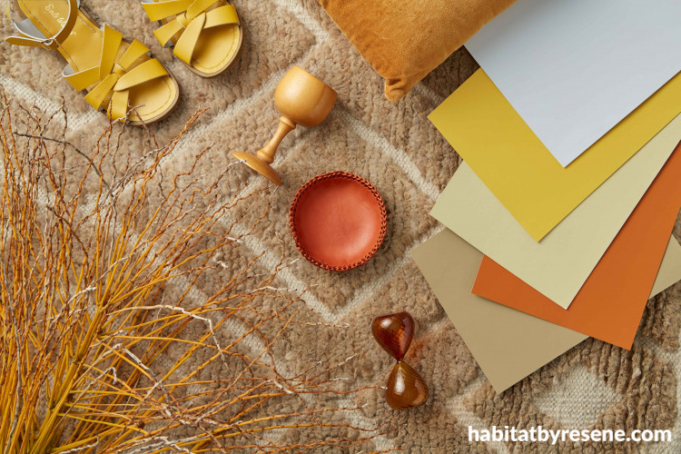 brown rug, patterned rug, the ivy house, 70s inspired, earthy tones, kate alexander