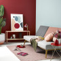 living room, lounge, red feature wall, blue feature wall, blue and red, resene salsa, resene unwind