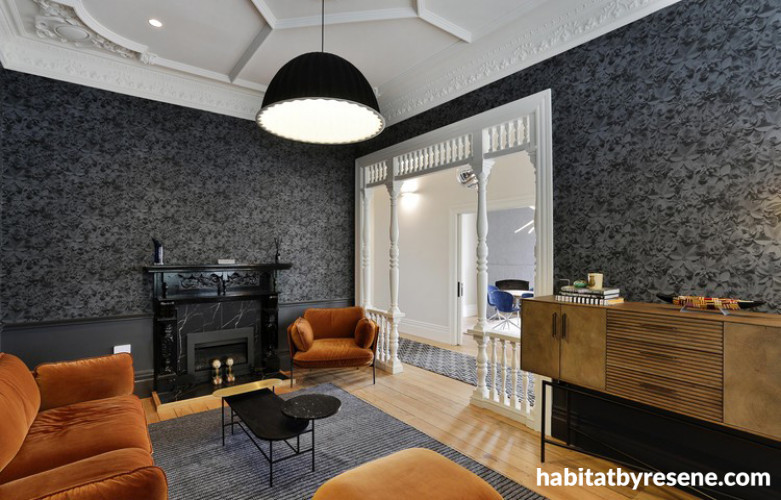 wallpaper inspiration, living room ideas, black and white interior ideas, wallpaper feature wall