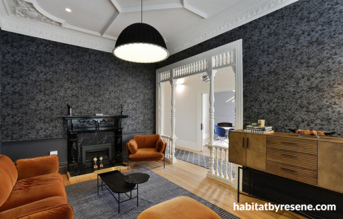 wallpaper inspiration, living room ideas, black and white interior ideas, wallpaper feature wall