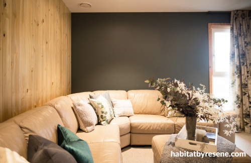 living room inspiration, living room ideas, dark feature wall, timber feature wall, lounge ideas