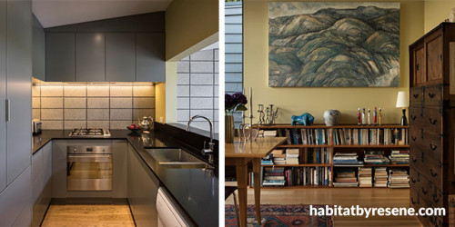 kitchen, renovated villa, grey cabinets, grey kitchen, yellow dining room, yellow interior