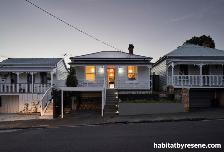 renovated villa, villa exterior, white villa, white exterior, resene rice cake, white house