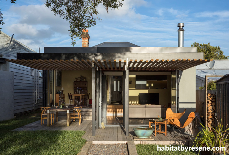 house exterior, renovated villa, outdoor living, timber pergola, yellow interior, deck