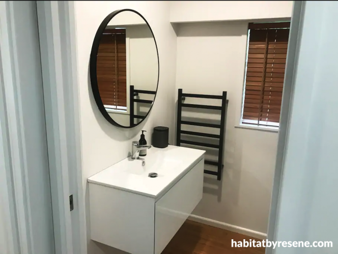 bathroom, white bathroom, neutral bathroom, resene black white, wood flooring, renovated bathroom