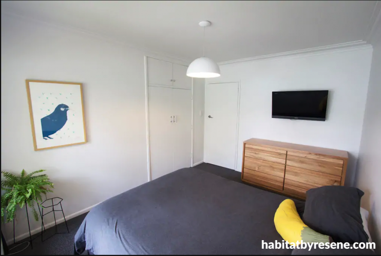 master bedroom, white bedroom, neutral bedroom, resene black white, bird print, bedroom