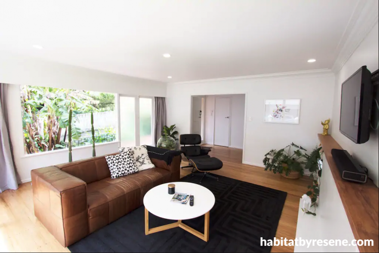 white lounge, white living room, neutral lounge, timber flooring, brown couch, resene black white